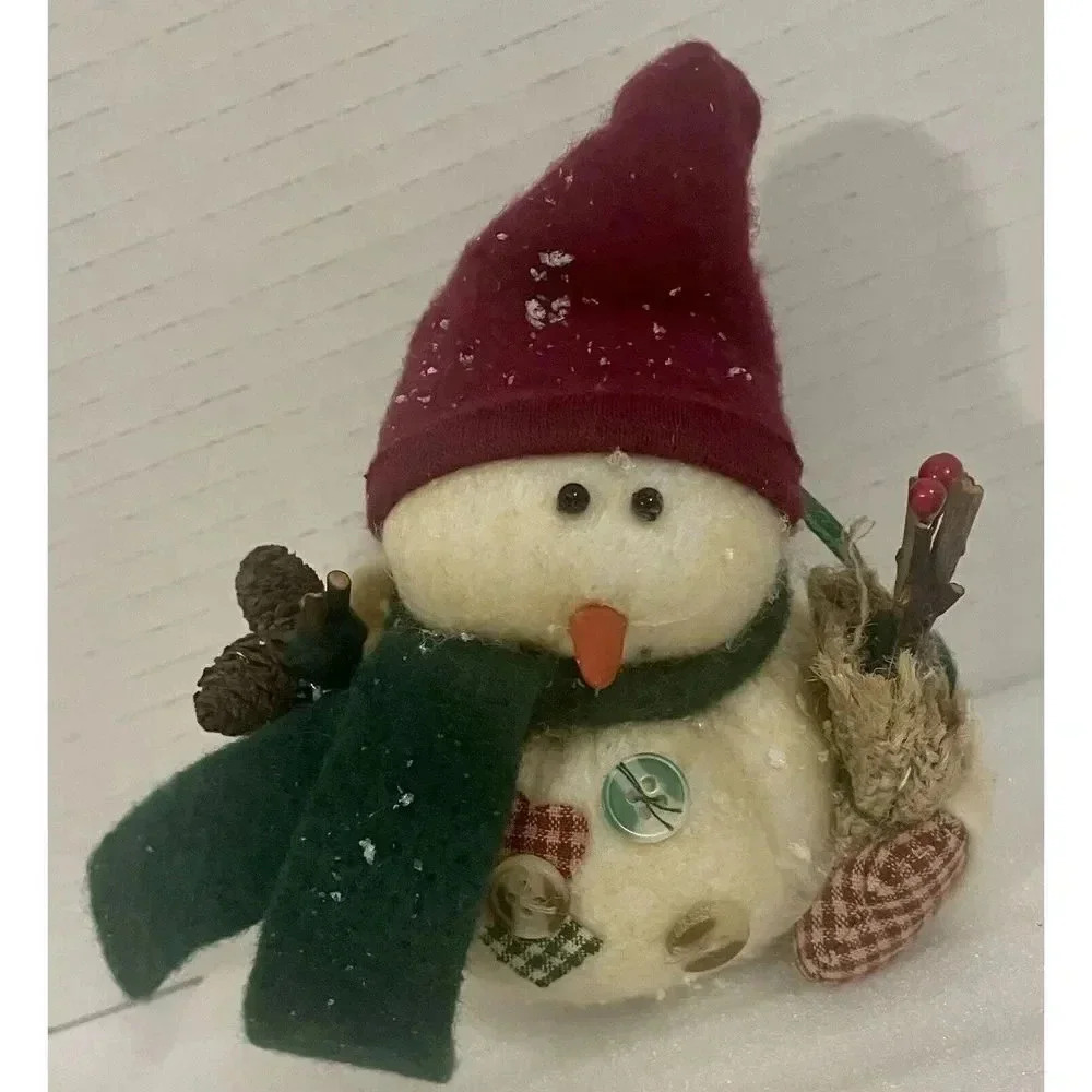 Snowman Plush Red Hat Green Scarf Red Plaid Mittens Christmas Ornament 5.5”